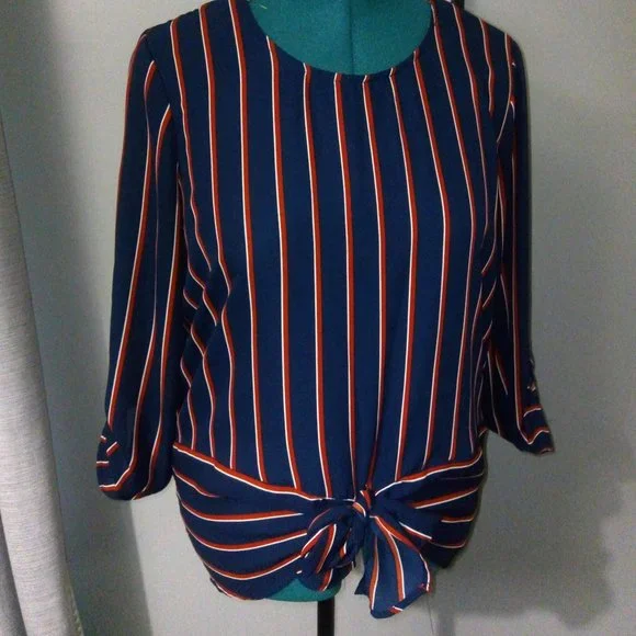 Maurice’s Pinstriped Tie Waist Blouse Sz Large Red White & Blue - Picture 15 of 15